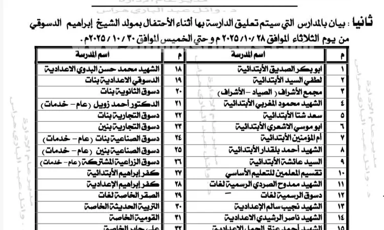 تعطيل الدراسة بـ38 مدرسة في كفر الشيخ تزامنًا مع الاحتفال بمولد الدسوقي
